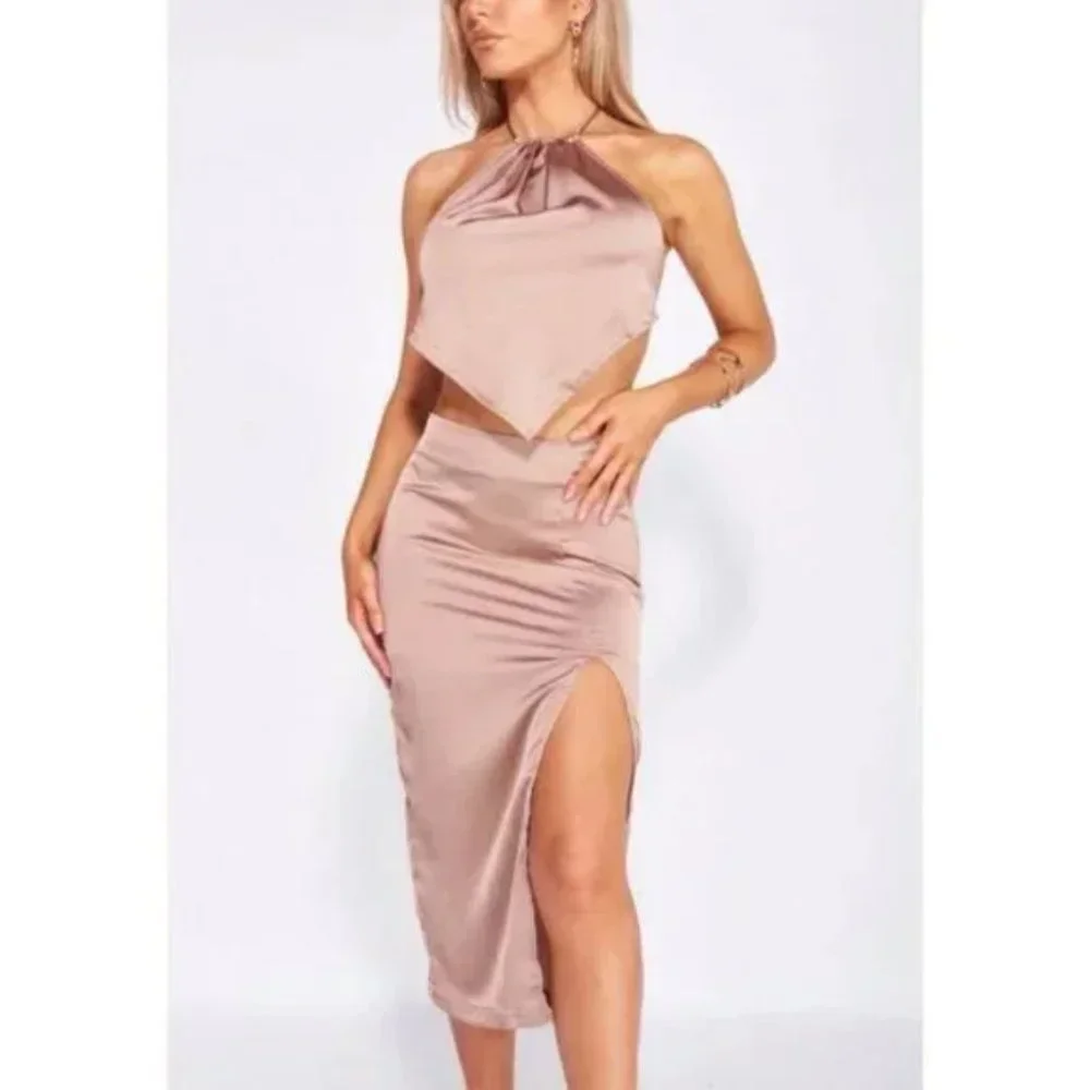 Nude Satin Halter Neck Backless Handkerchief Top and Front Silt Midi Skirt Set - Picture 10 of 17